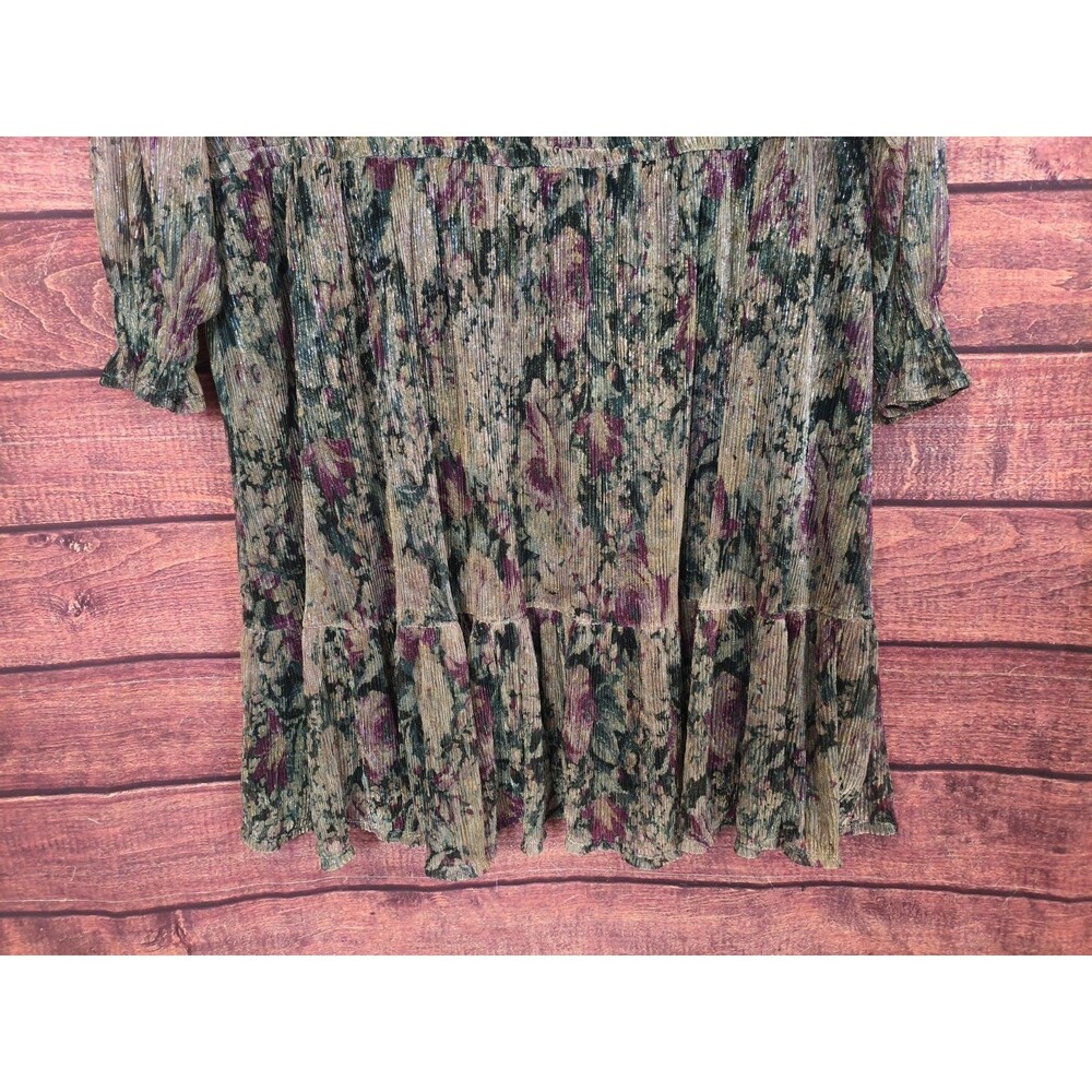 LC Lauren Conrad Sz 3X Floral Gold Metall Chiffon Sheer Sleeve Tiered Mini Dress - Picture 10 of 10